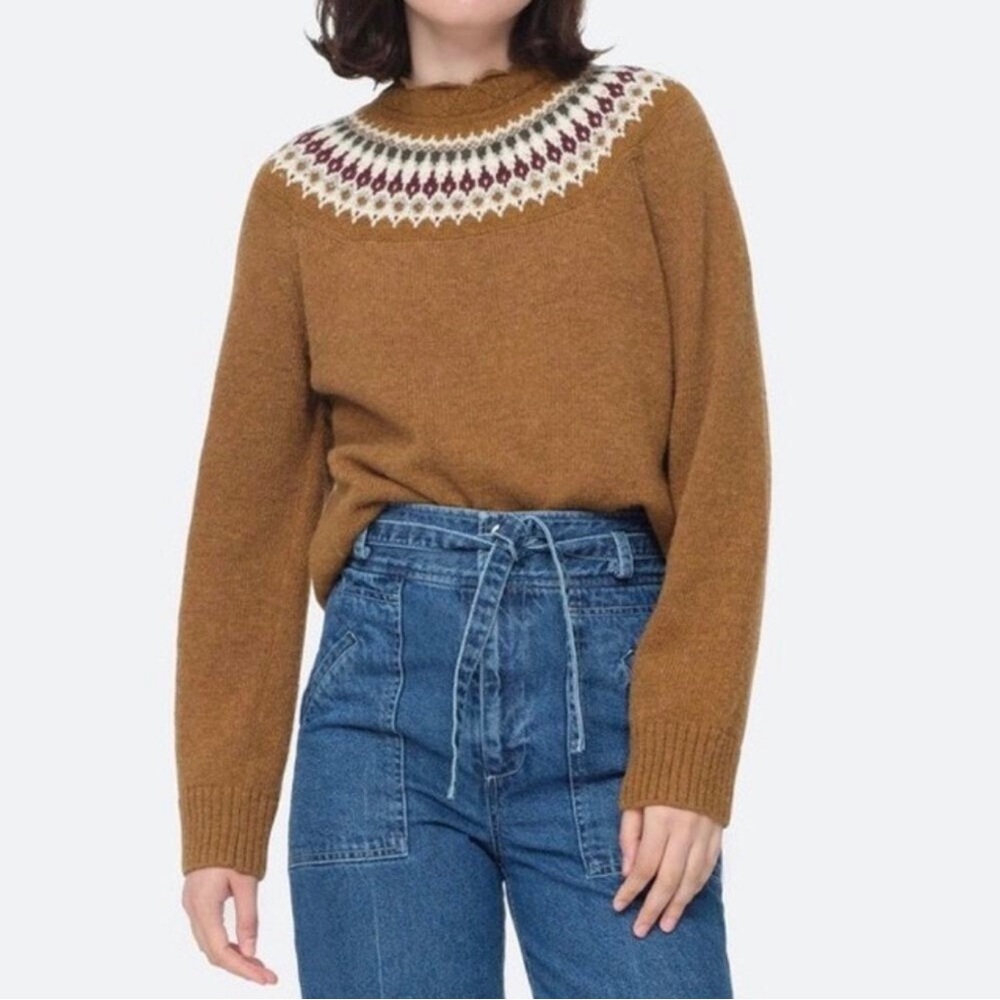 SEA New York Fair Isle Mock Neck Sweater Size XXS Brown Wool Blend Nordic Unique